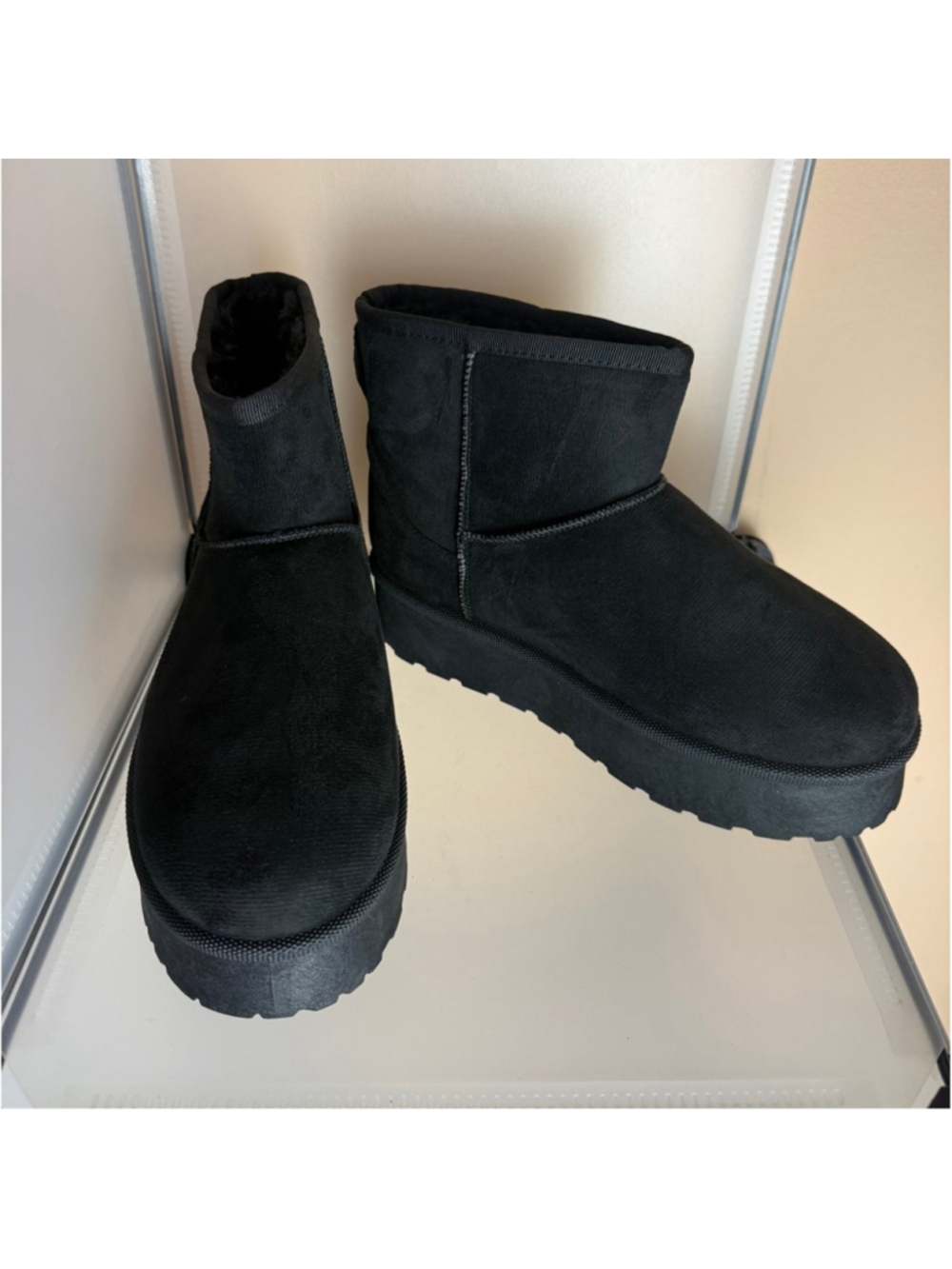 Women's Furry Faux Suede Ankle Platform Booties Black Size 8